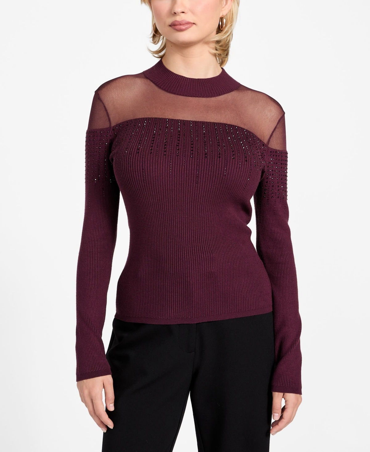 Guess Women's Embellish Sheer Panel Mock Neck Sweater
