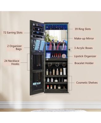 LED Lockable Jewelry Cabinet with Round Mirror & Storage Shelf
