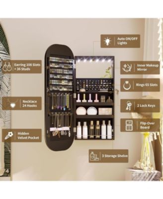 16" Hanging Jewelry Cabinet with Round Mirror Organizer