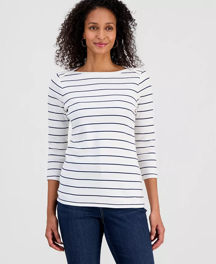 Women's Printed Pima Cotton 3/4 Sleeve Boat-Neck Top - thumbnail 5