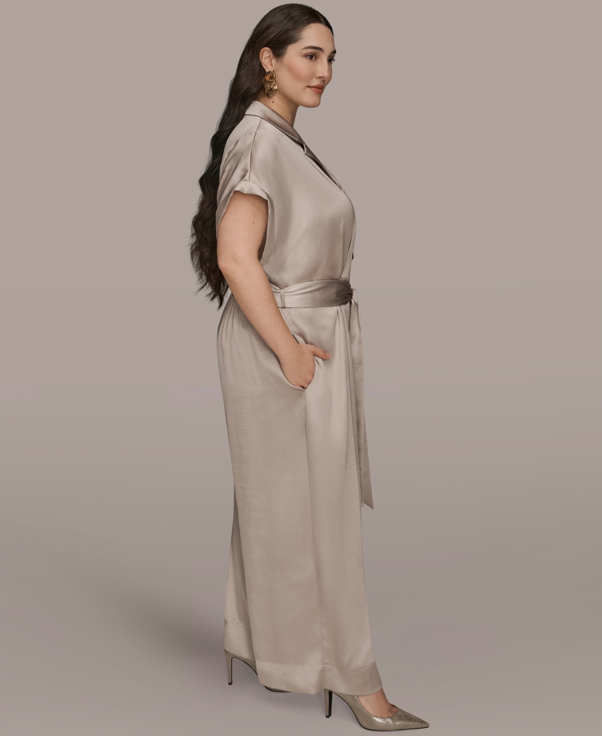 Donna Karan Plus Size Satin Collared Jumpsuit In Multi