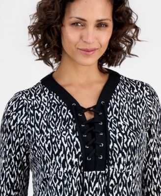 Women's Lace-Up 3/4-Sleeve Printed Top, Created for Macy's
