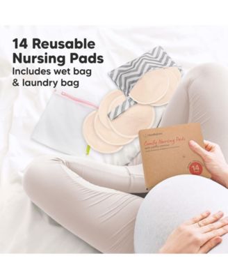 14pk Organic Nursing Pads, Washable Breast Pads + Wash Bag, Reusable Nipple Pads