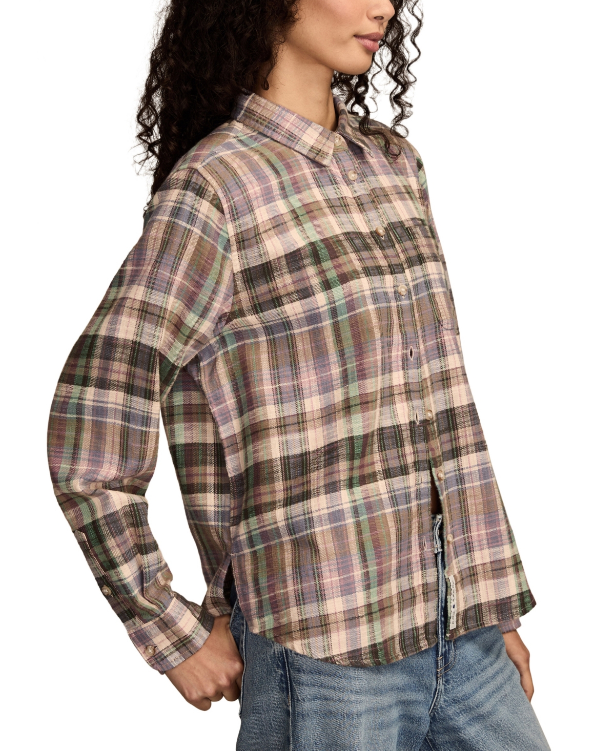 Lucky Brand Women's Clyde Plaid Boyfriend Button-down Shirt In Brown