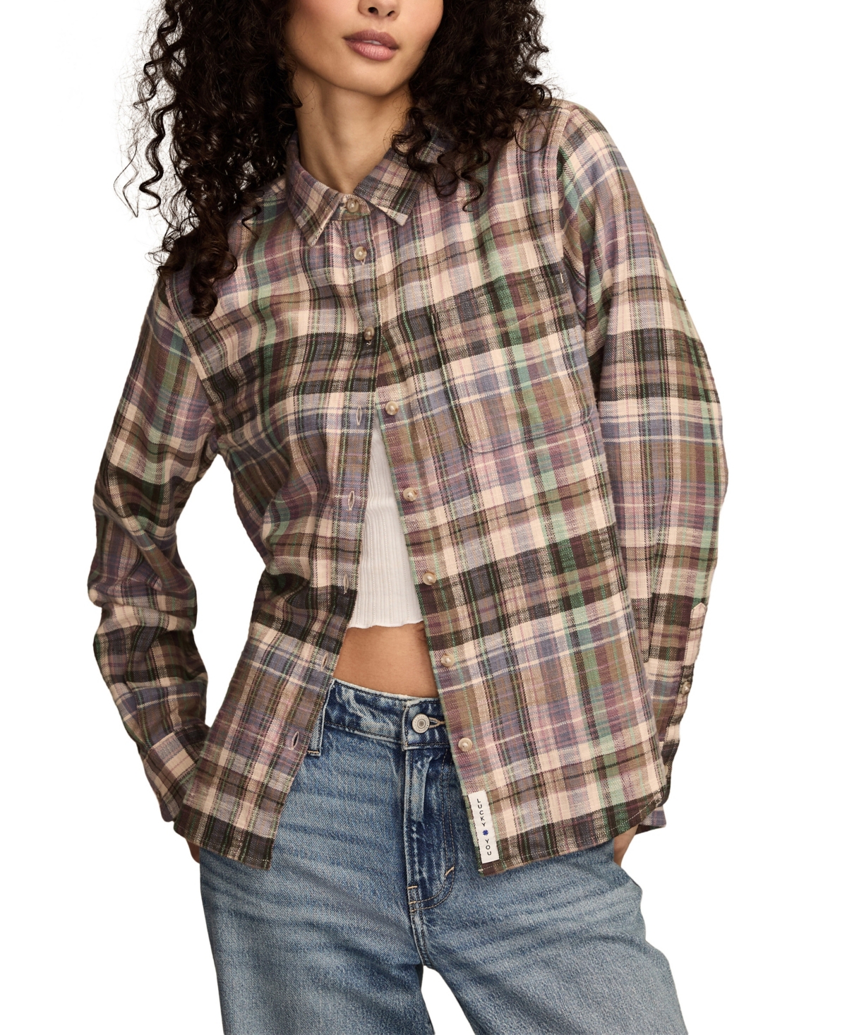 Lucky Brand Women's Clyde Plaid Boyfriend Button-down Shirt In Brown