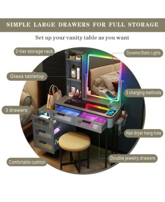 RGB Vanity Set with Glass Top, USB & Wireless Charging, 5 Drawers