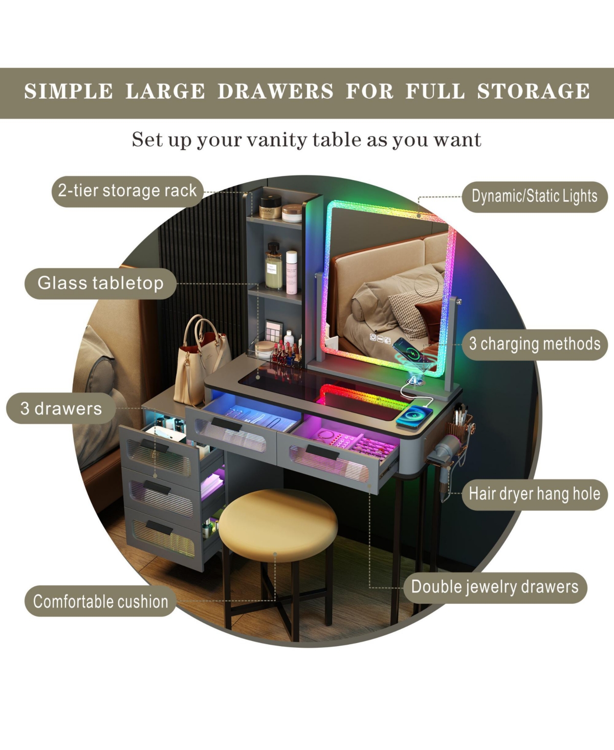 Vlsrka Vanity Makeup Desk with Mirror and Lights