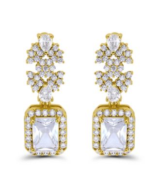 Gold Plated Cubic Zirconia Floral Motif Post Drop Earrings