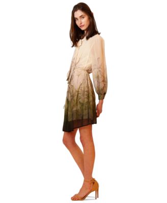 Women's Pleated Tropical Cowl Neck Mini Dress