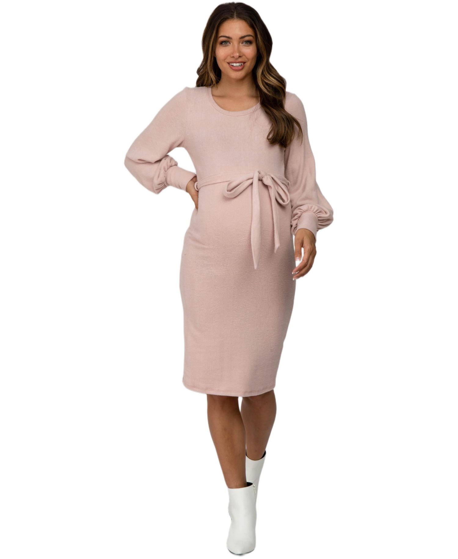 Women's Pink Soft Brushed Waist Tie Bubble Sleeve Dress