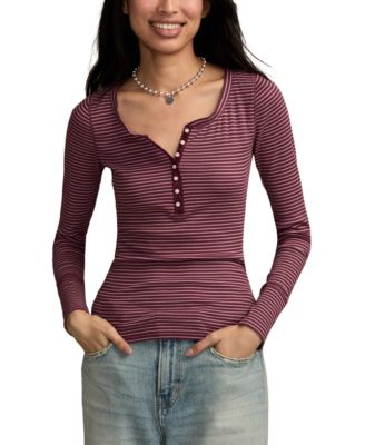 Women's Crew Neck Long-Sleeve Rib Henley Top