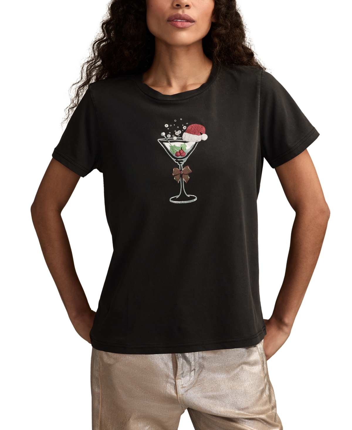 Lucky Brand Christmas Martini Embroidered Graphic T-shirt In Black