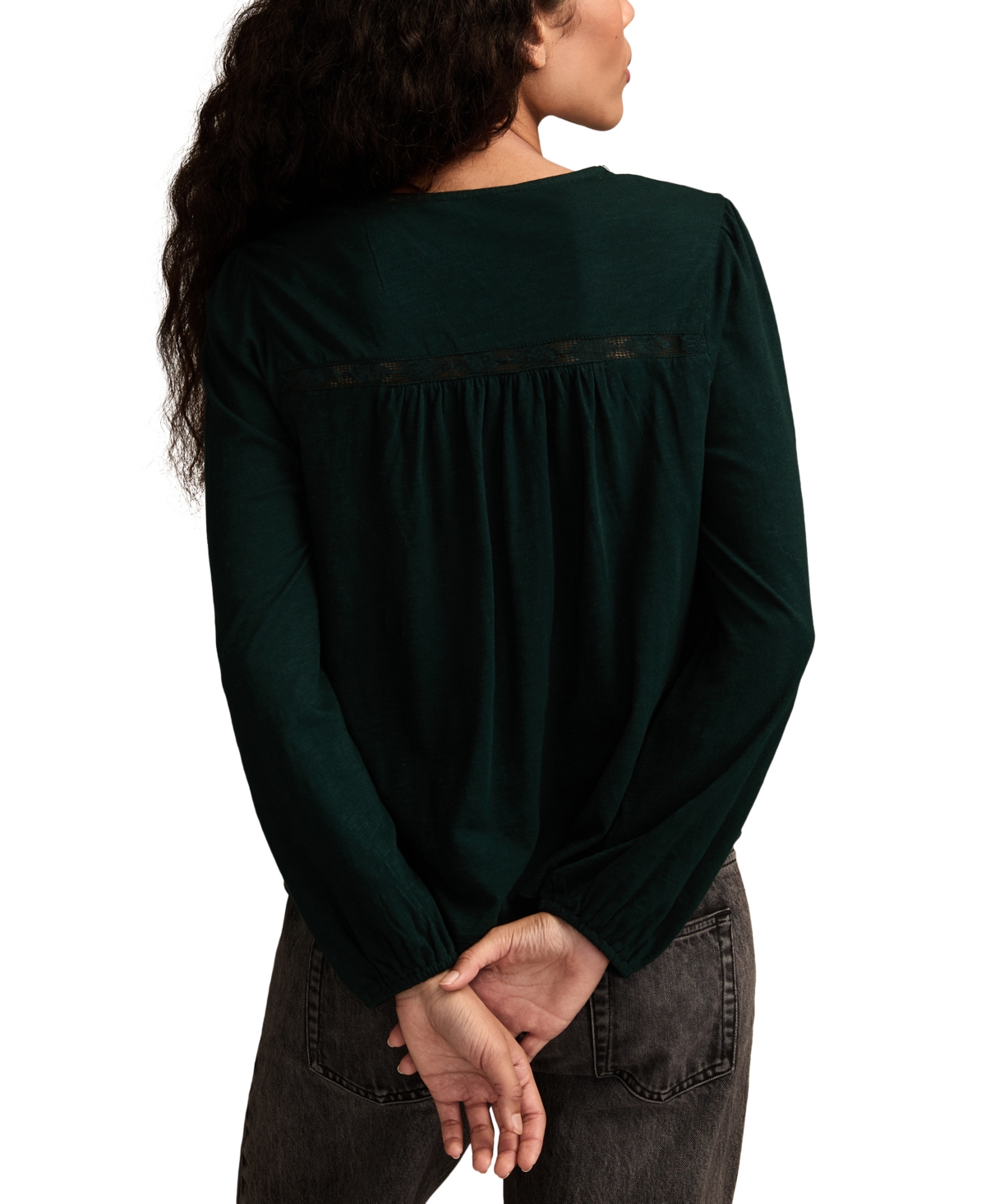 Lucky Brand Women's Lace Yoke Peasant V-neck Top In Green