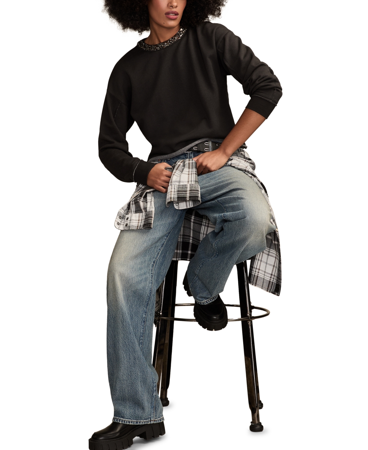 Lucky Brand Beaded Crewneck Sweatshirt In Black