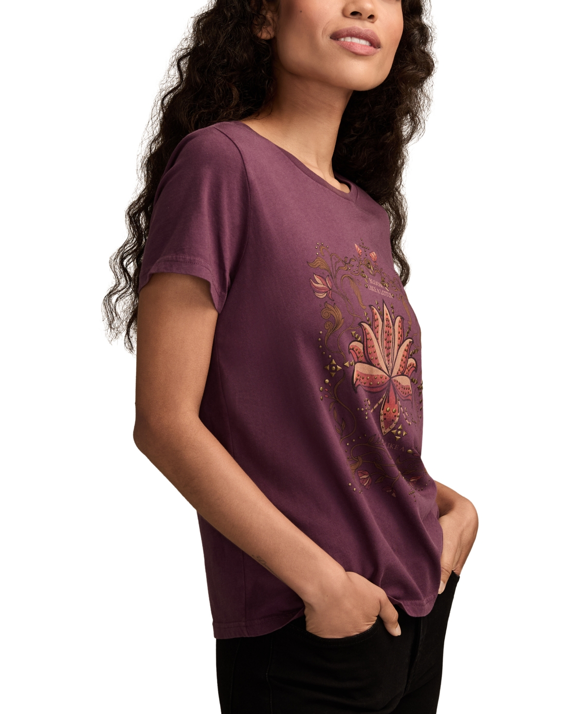 Lucky Brand Studded Bloom Like A Lotus Graphic T-shirt In Burgundy