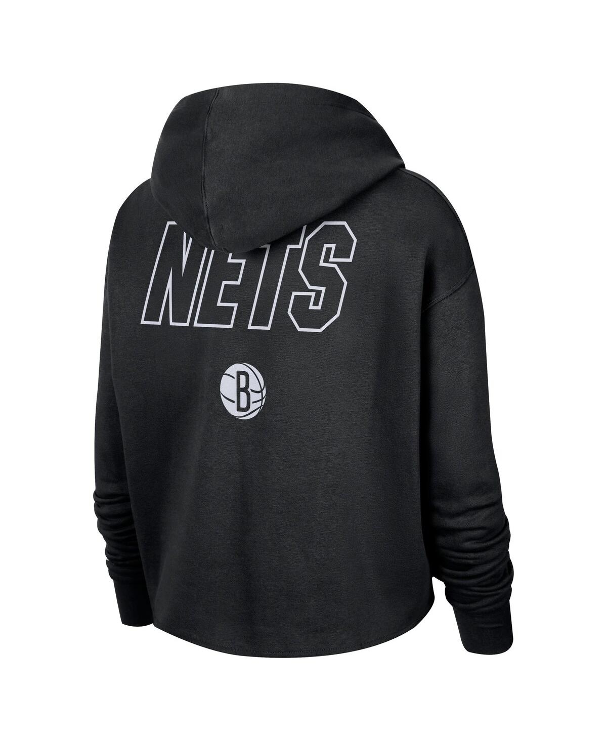 Nike Women's Black Brooklyn Nets Courtside Cropped Pullover Hoodie In Blue