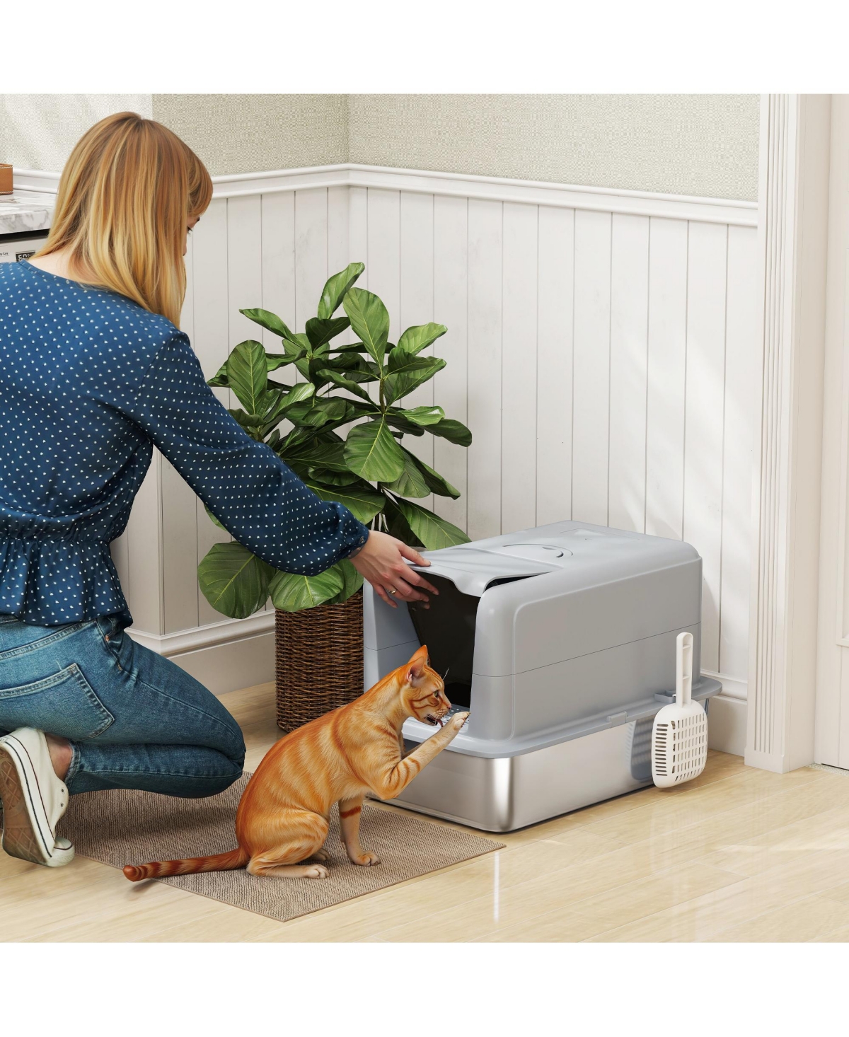 PawHut 2 in 1 Stainless Steel Cat Litter Box with Removable Lid,