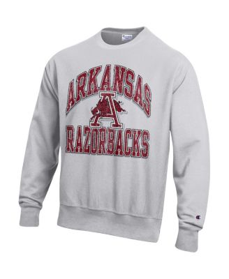 Men's Gray Arkansas Razorbacks Distressed Arch Over Logo Reverse Weave Crew Neck Sweatshirt