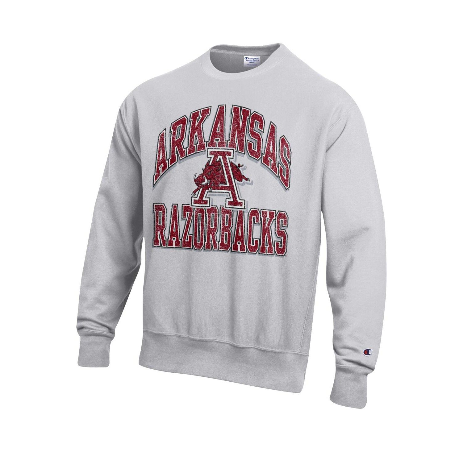 Men's Gray Arkansas Razorbacks Distressed Arch Over Logo Reverse Weave Crew Neck Sweatshirt