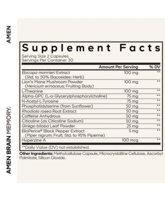 Cognitive Support Supplement – Bacopa, Lion s Mane, Alpha-GPC, Citicoline, Ginkgo, Rhodiola, Huperzine A – 60 Capsules for Memory & Focus