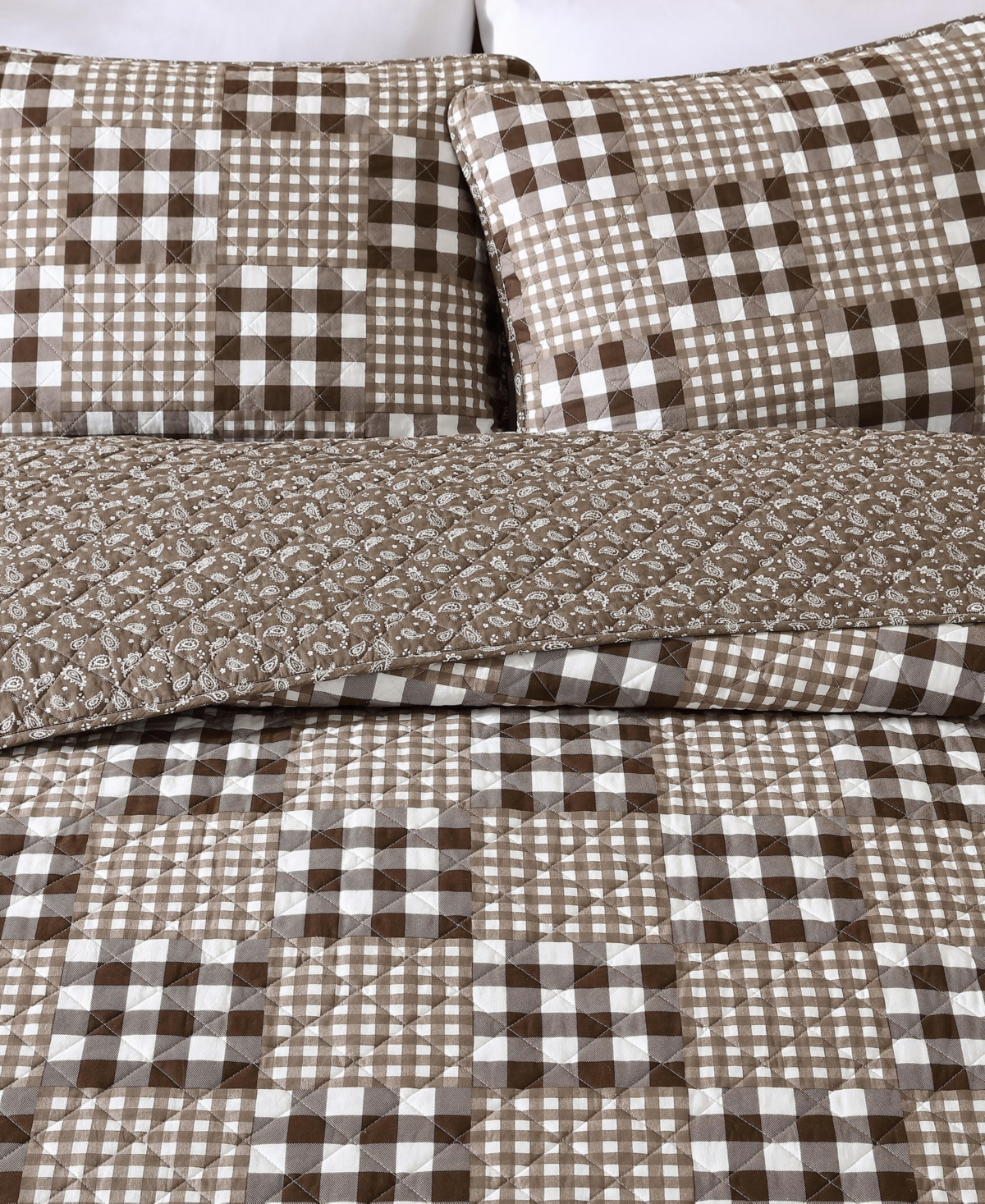 Eddie Bauer 136 Thread Count Gingham Patchwork Cotton Reversible Quilt Set In Brown