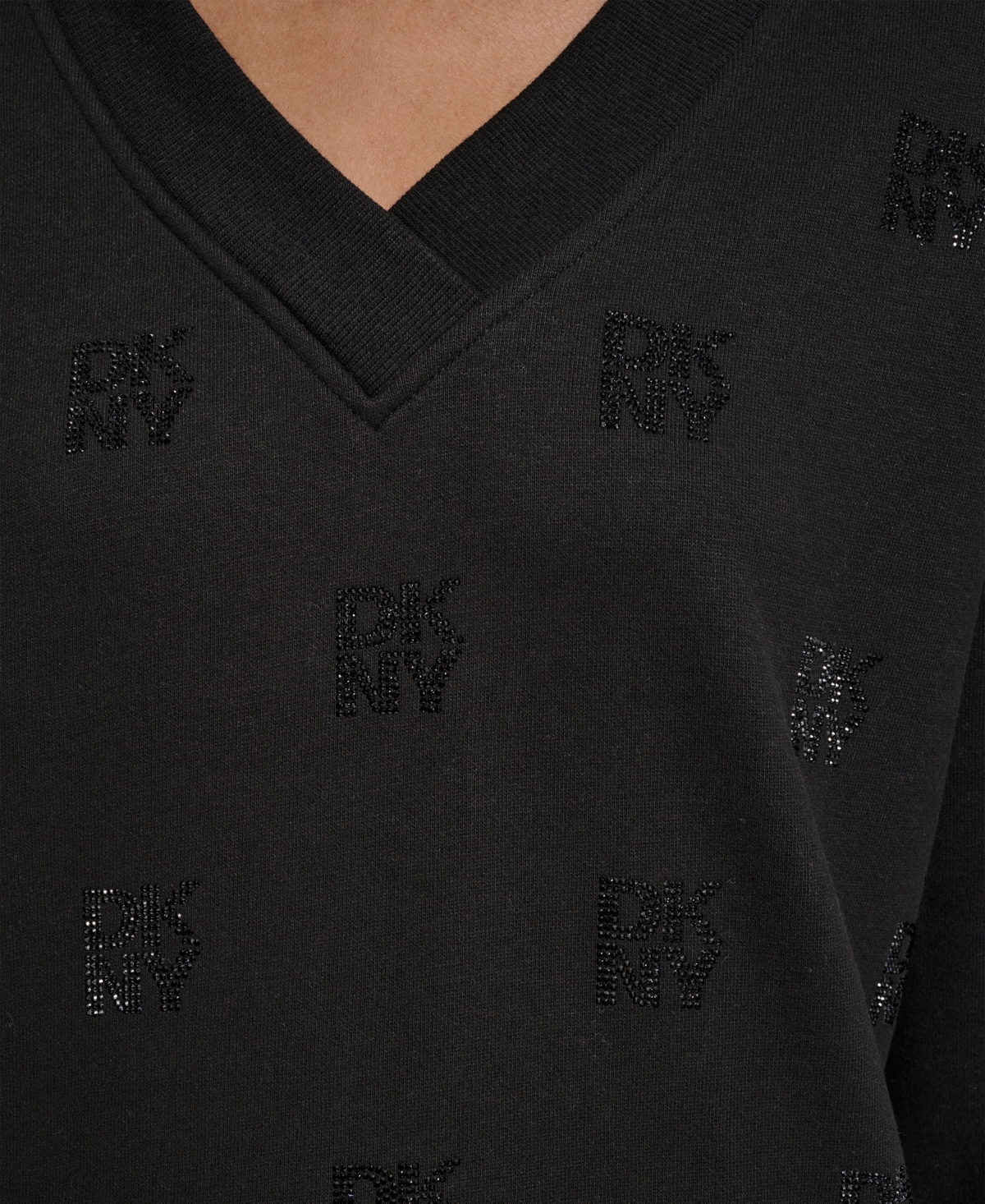 Dkny Women's Allover Stack Rhinestone V-neck Sweatshirt In Black