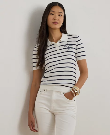 Petite Striped Short-Sleeve Polo Sweater - White