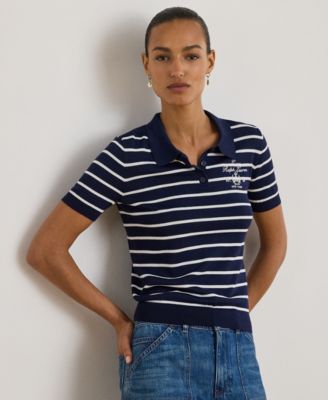 Petite Striped Short-Sleeve Polo Sweater