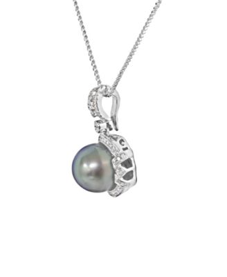 Tahitian Cultivated Pearl (11mm) and Diamond (1/4 ct. t.w.) Pendant Necklace in 14k White Gold