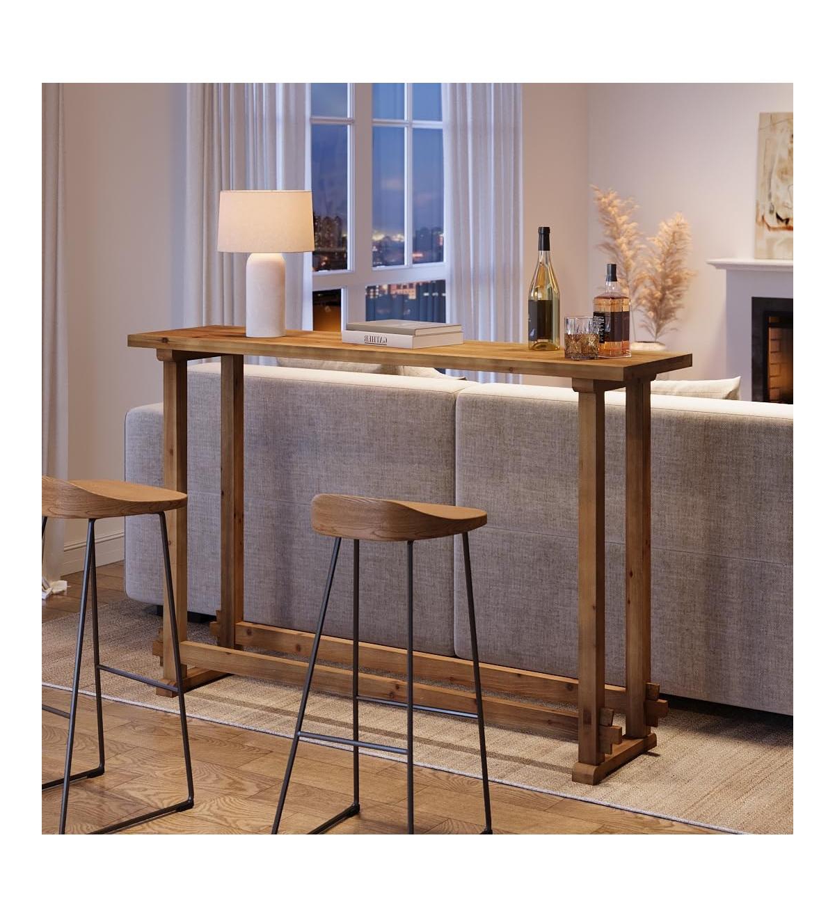 Tribesigns 63" Long Bar Table, Solid Wood Pub Table with Footrest