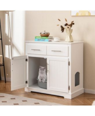 Cat Litter Box Enclosure w/ 2 Drawers Double Doors Anti-Toppling Devices