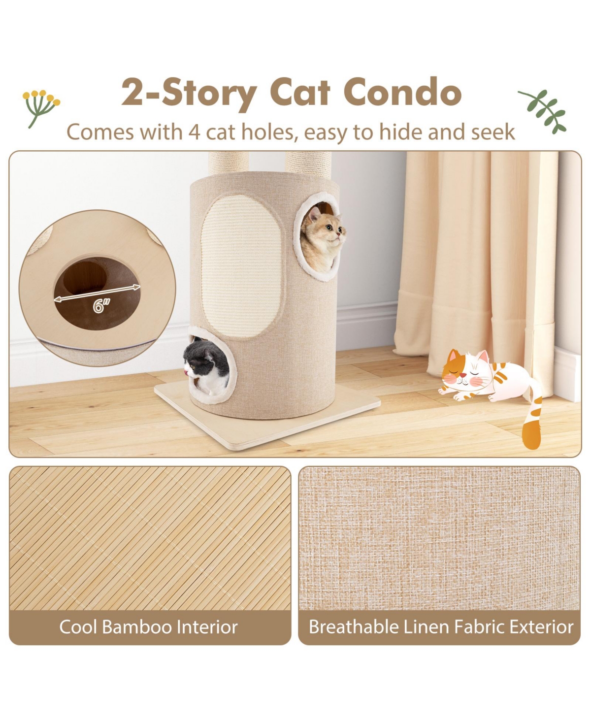 Skonyon 74 Inches Tall Wooden Cat Tower Tree with 2-Story Cat Condo and Washable Cushions