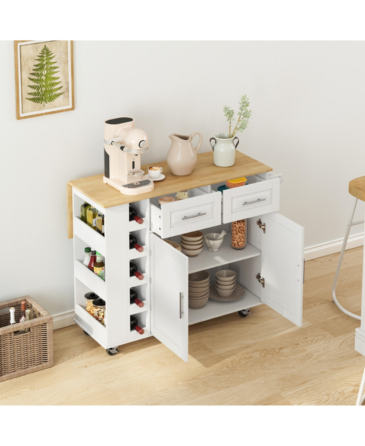 Casainc Multi-Functional Kitchen Island Cart with 2 Door Cabinet and Two Drawers,Spice Rack, Towel Holder, Foldable Top