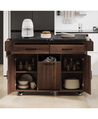 CASAINC Wood Rolling Drop Leaf with Trash Can Storage, Spice Rack, Towel Rack, Drawer & Adjustable Shelf Kitchen Island Cart