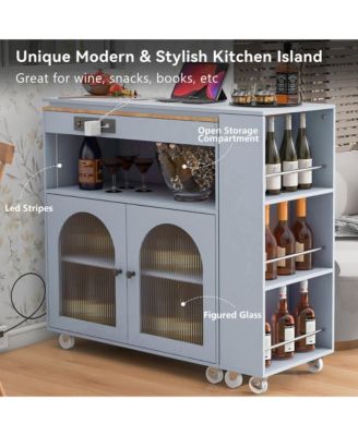 CASAINC Extendable 73.5” Tabletop MDF, Rubber Wood LED Lights, Power Outlets, Fluted Glass, Storage Shelves Rolling Kitchen Island