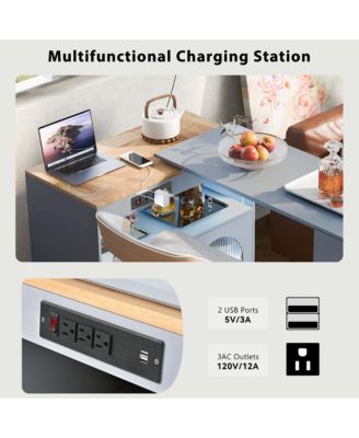 CASAINC Extendable 73.5” Tabletop MDF, Rubber Wood LED Lights, Power Outlets, Fluted Glass, Storage Shelves Rolling Kitchen Island