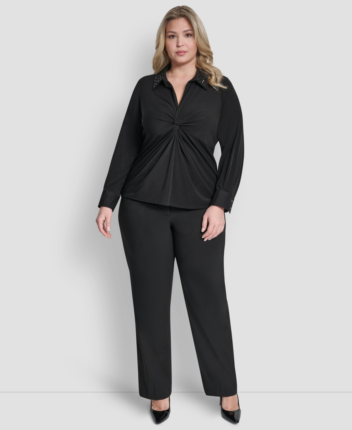 Dkny Plus Size Knot-front Long-sleeve Top In Black