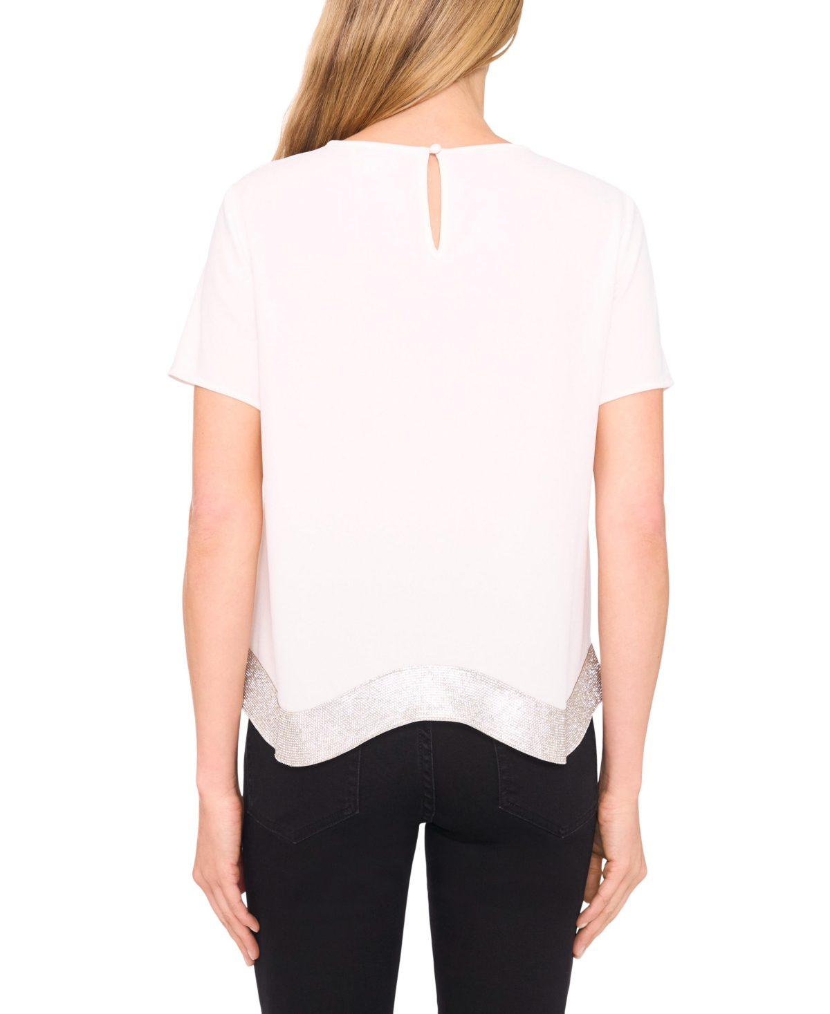 CeCe Women's Rhinestone Wavy Hem Short-Sleeve Blouse
