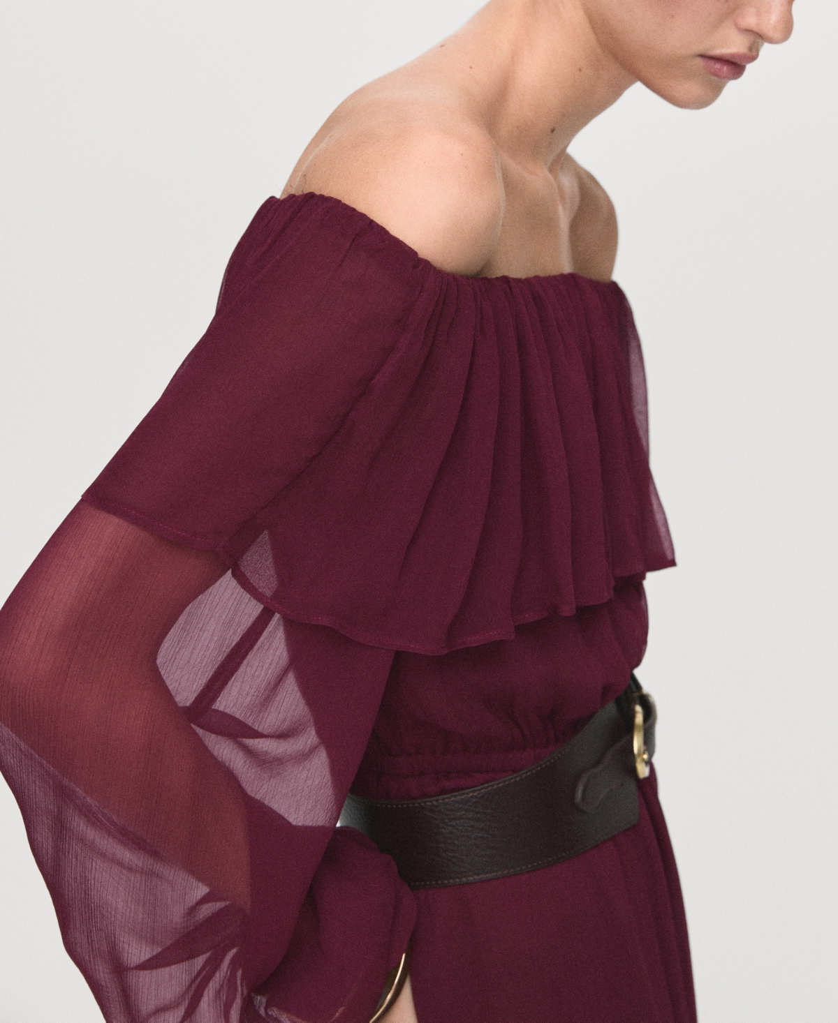 Mango Ruffle Off The Shoulder Long Sleeve Maxi Dress In Burgundy