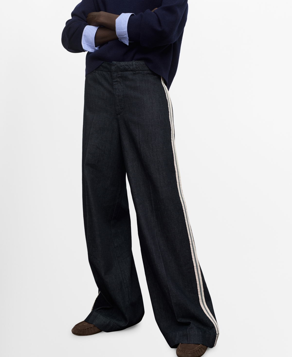 Mango Side Stripe Wide Leg Jeans In Blue