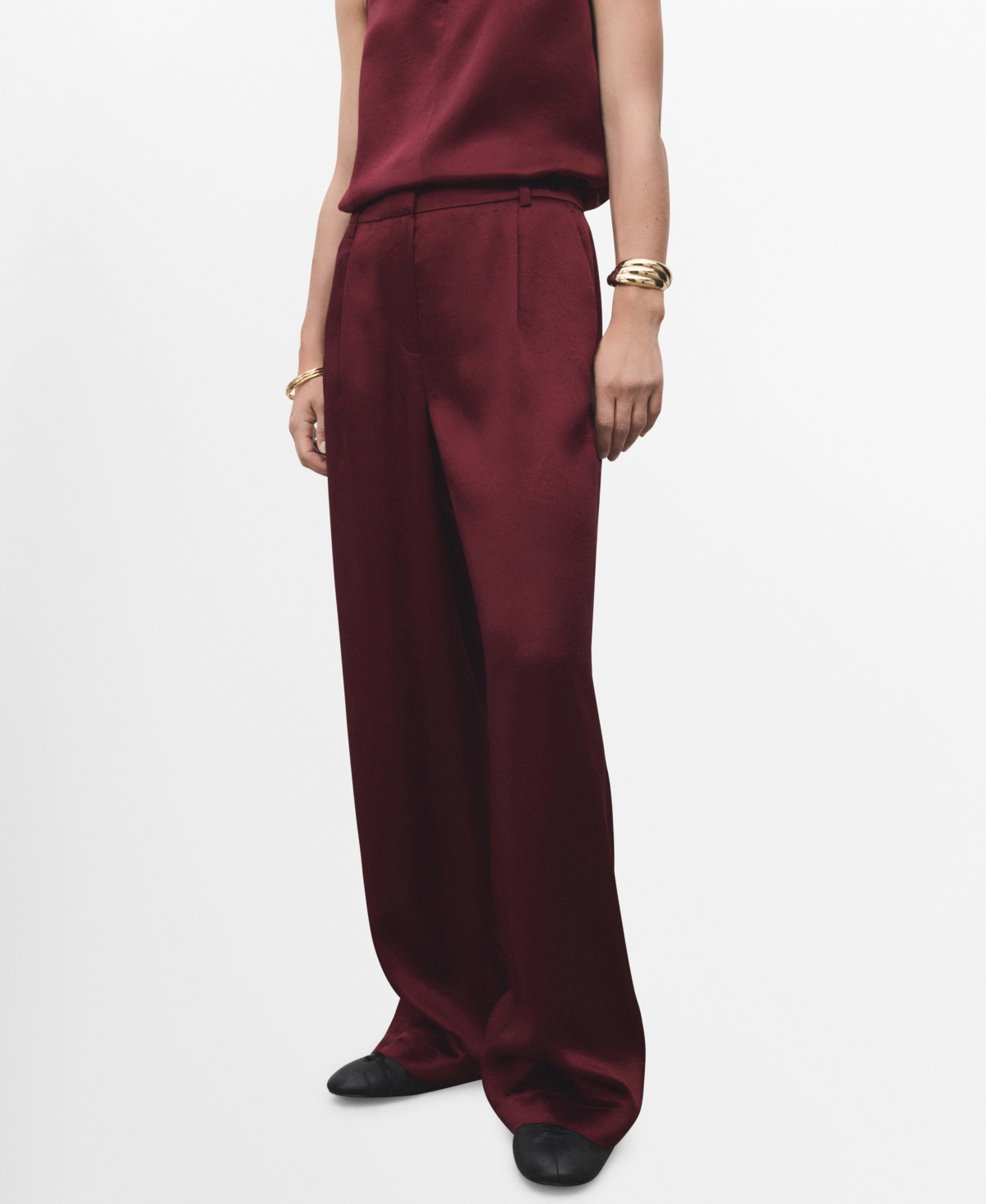 Mango Wide Leg Satin Pants In Burgundy
