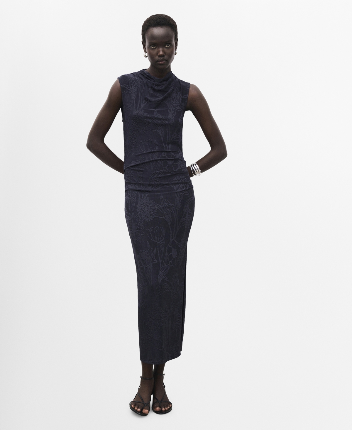 Mango Embroidered Dress With Draped Collar Navy In Blue