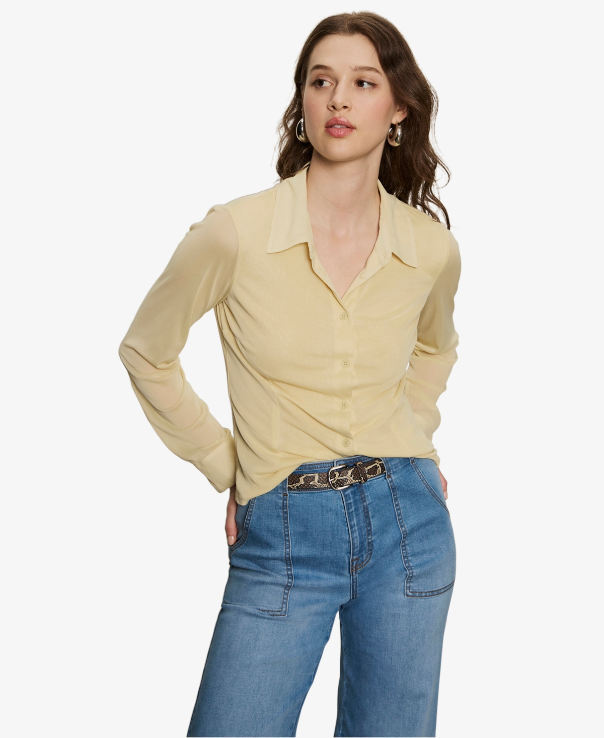 Sanctuary Women's Fitted Mesh Button Down Shirt In Gold