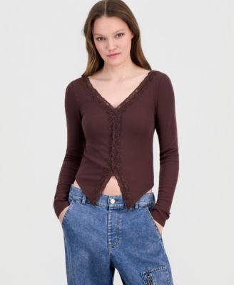 Juniors' Lace-Trim Long-Sleeve Ribbed Top