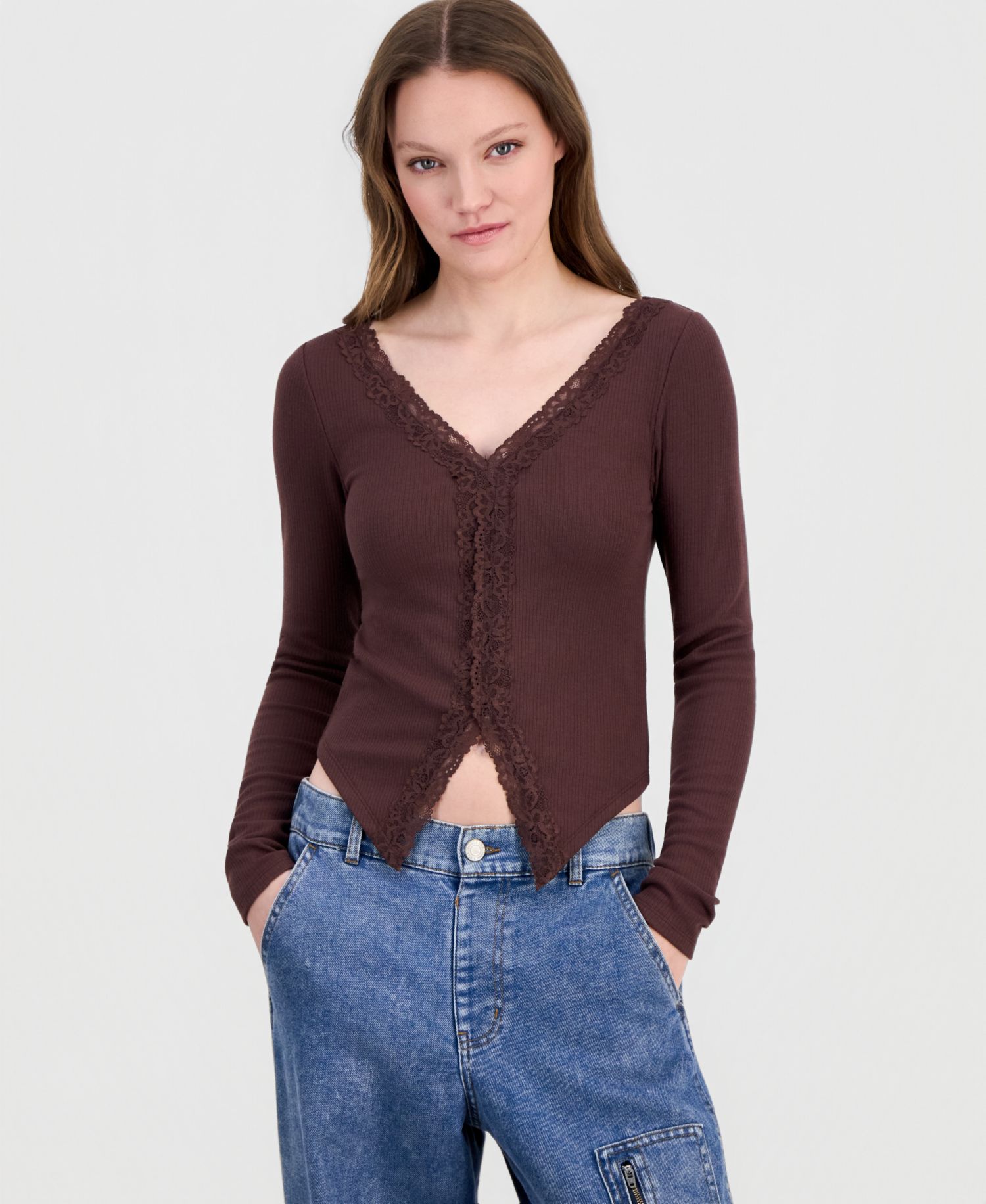 Juniors' Lace-Trim Long-Sleeve Ribbed Top