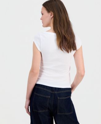 Juniors' Boat-Neck Cap-Sleeve Cotton T-Shirt