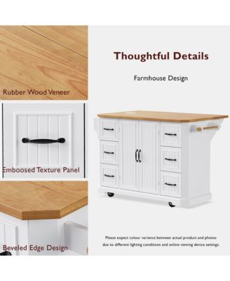 CASAINC 56" Kitchen Island Cart, Drop Leaf, Power Outlet, 4 Shelves, 6 Drawers, Rubber Wood Veneer, Rolling for Dining Room