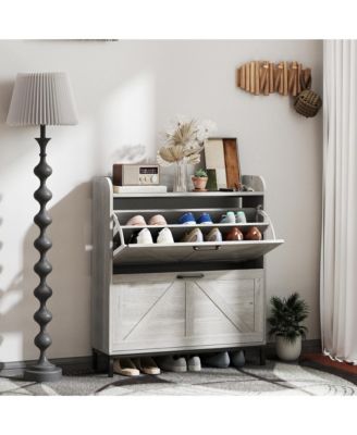 Narrow Shoe Cabinet, Farmhouse Shoe Storage Cabinet, Light