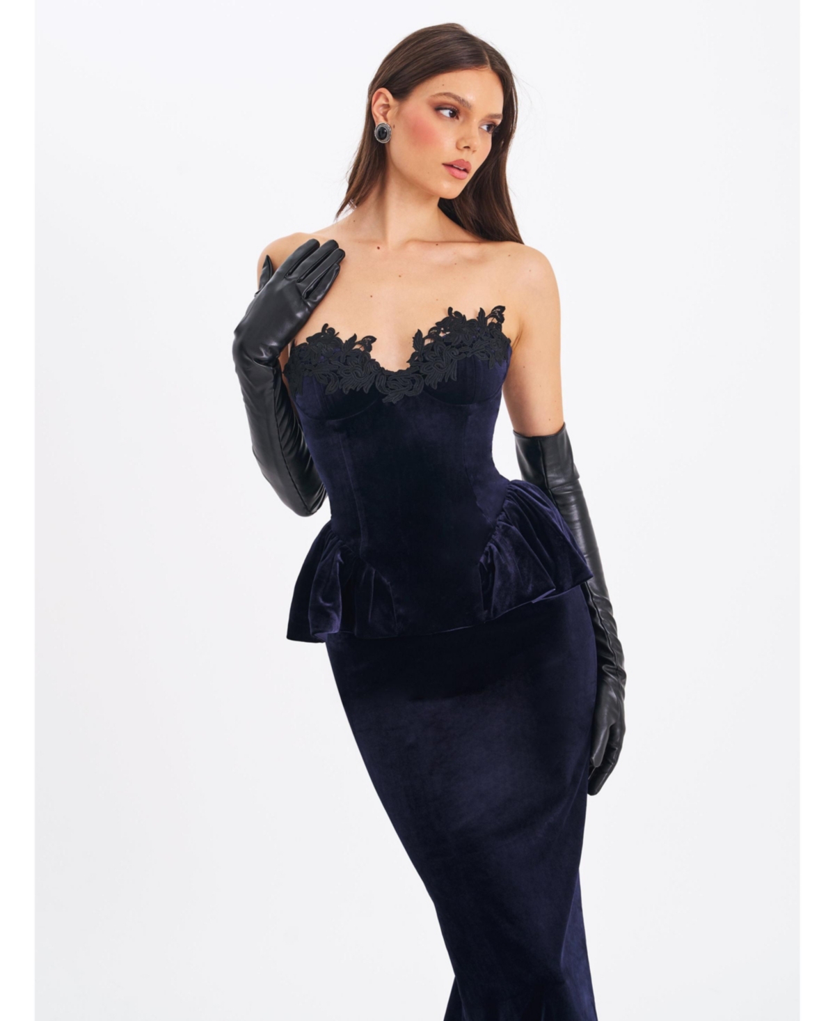 Miss Circle Women Pascha Black Lace Applique Strapless Peplum Maxi Dress