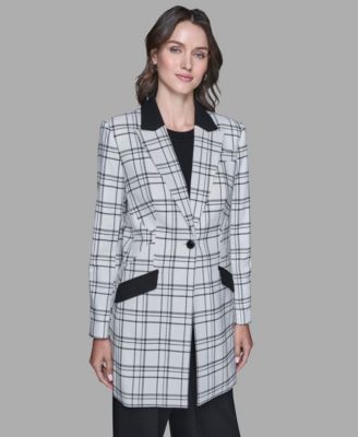 Women's One-Button Checkered Contrast Long Jacket